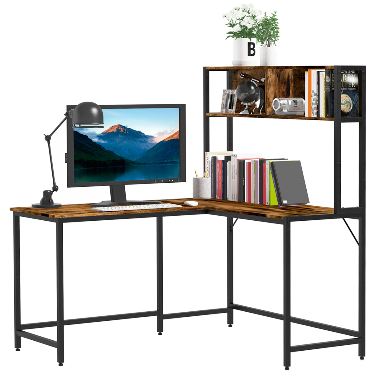 149x140x125cm Industrial L-Shaped Desk w Shelf - Brown & Black HOMCOM